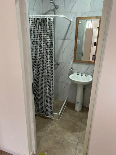La salle de bains est pourvue d'un lavabo et d'une douche avec un miroir. dans l'établissement Departamento guemes D, à San Pedro