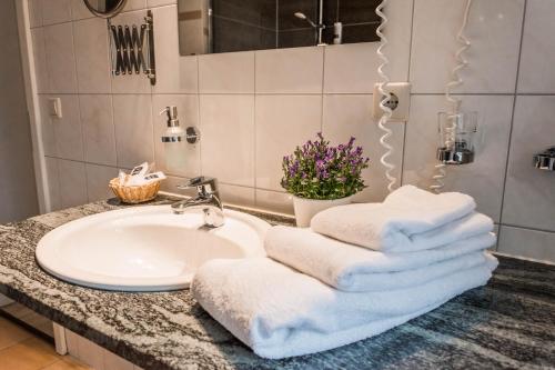 ein Badezimmer mit einem Waschbecken und Handtüchern auf der Theke in der Unterkunft Wellness- & Sporthotel Haus am See in Arendsee