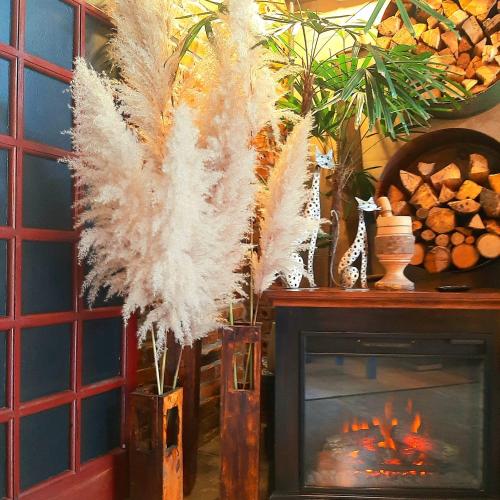 a room with a fireplace and some feathers next to a stove at Bangalô das Lagartixas ,casa stúdio com piscina aquecida privativa a 20 minutos do Centro de Curitiba in Colombo