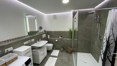 a bathroom with a shower and a toilet and a sink at Ferienwohnung Eden in Mellrichstadt