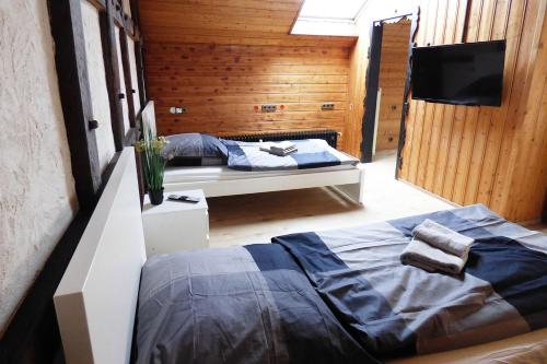 a bedroom with two beds and a television in a room at Work&Stay Apartments Hellenthal in Hellenthal
