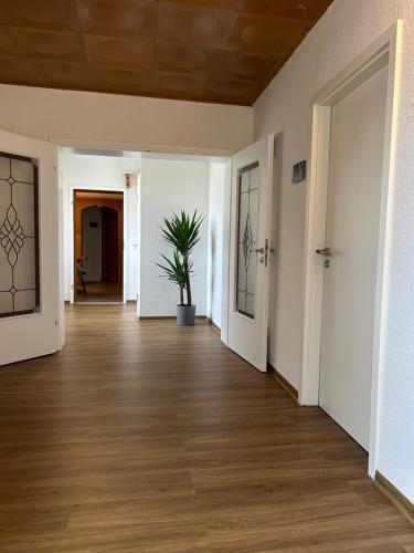 an empty hallway with a potted plant in the middle at Riverside Airport Hotel in Kelsterbach