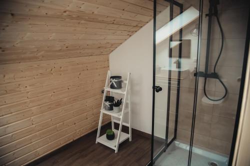 a bathroom with a shower and wooden walls at Tree&Water Apartament nad jeziorem Ublik in Ublik