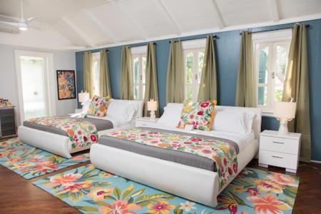 2 camas en un dormitorio con paredes azules en The Fred - Adults only Hotel en Frederiksted