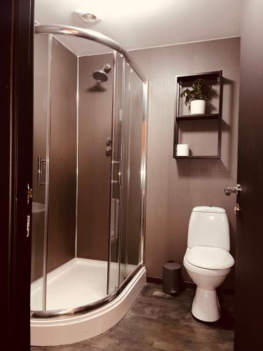 a bathroom with a shower and a toilet at 'Woodbury' at stayBOOM in Lancaster