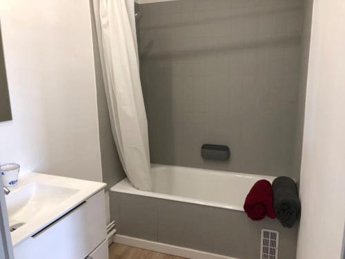 a bathroom with a bath tub and a sink at Studio de charme sous les pins au calme in La Baule