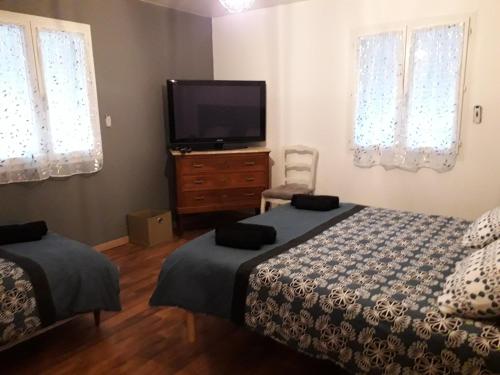 een slaapkamer met 2 bedden en een flatscreen-tv bij Chambres d'hôtes Le Prieuré in Noyers-sur-Jabron