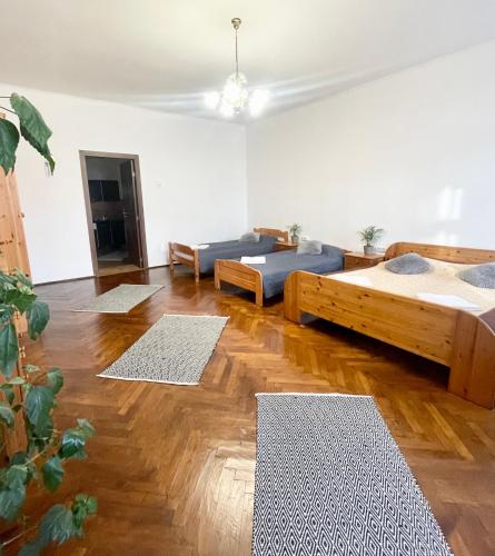 two beds in a room with wooden floors at Alex Com in Sibiu