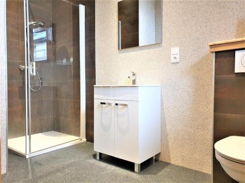 a bathroom with a shower and a sink and a toilet at Appartement Samoëns, 6 pièces, 14 personnes - FR-1-624-3 in Samoëns