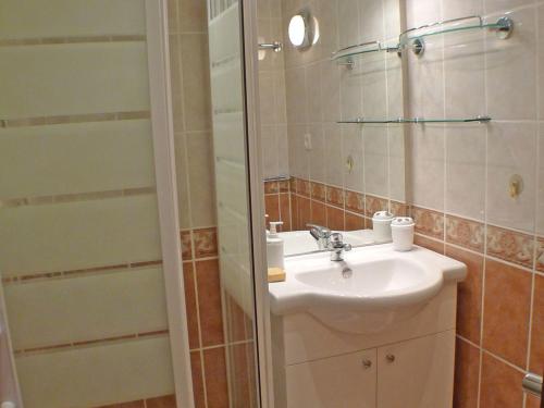 une salle de bain avec un lavabo et une douche dans l'établissement Studio au centre du village de Samoëns, avec balcon, proche ski-bus, animaux acceptés - FR-1-629-56, à Samoëns