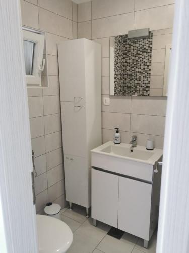 a white bathroom with a sink and a toilet at Holiday House Rasopasno in Rasopasno