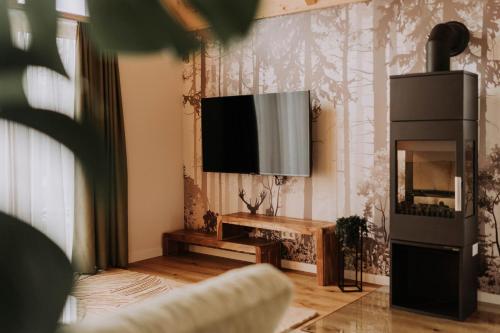 a living room with a television on a wall at Waidlerland Waldkirchen Chalets in Waldkirchen