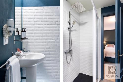 two pictures of a bathroom with a sink and a shower at Casa Catedral in Seville