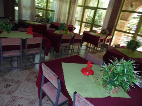 a restaurant with tables and chairs with plants on them at Lalibela Hotel in Lalībela
