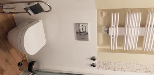 a bathroom with a white toilet in a room at Metropolis Apartamenty Centrum in Kalisz