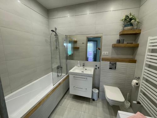別爾斯科－比亞瓦的住宿－!KOMFORT APARTAMENT KUSTRONIA Garaż Balkon Wanna，一间带水槽、淋浴和卫生间的浴室