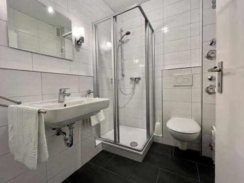 a bathroom with a sink and a shower and a toilet at Haus am Deich Wohnung 13 in Dahme