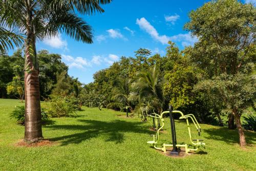 a playground in a park with a palm tree at Habitation Saint Charles - Hôtel de Charme & Spa in Petit-Bourg