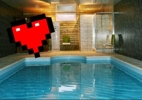a large swimming pool with a red cross on it at Au Relais Du Canal à Grand Gabarit in Nesle