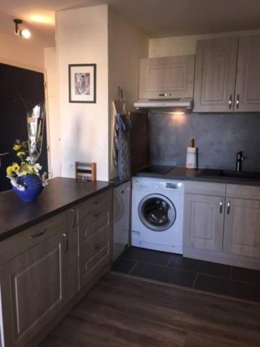 une cuisine avec une machine à laver et un lave-linge dans l'établissement La Londe les pieds dans l'eau, à La Londe-les-Maures