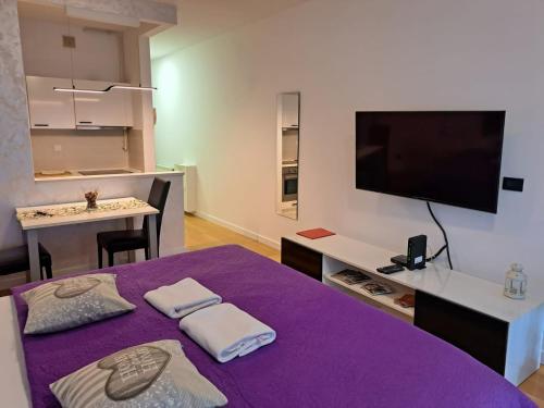 ザグレブにあるNova Galerija West App Doraの紫色のベッド、テーブル、テレビが備わる客室です。
