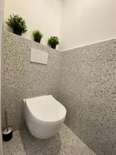 La salle de bains est pourvue de toilettes avec des plantes en pot sur le mur. dans l'établissement Sablettes Beach-plage-vue mer-centre ville, à Menton