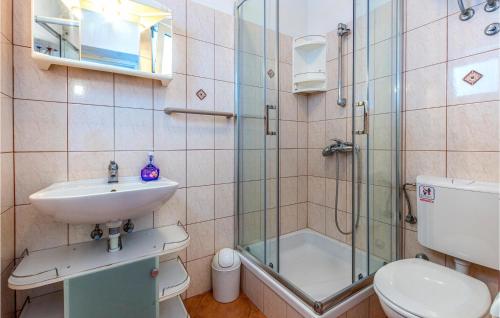 een badkamer met een wastafel, een toilet en een douche bij Gorgeous Apartment In Jesenice With House Sea View in Jesenice