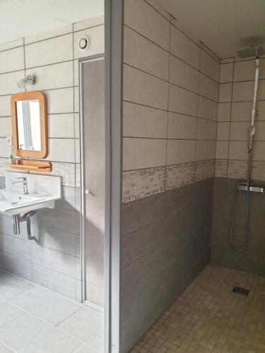 La salle de bains est pourvue d'une douche et d'un lavabo. dans l'établissement Au Relais Du Canal à Grand Gabarit, à Nesle