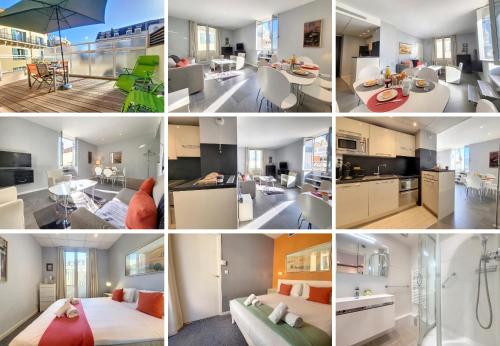 un collage de photos d'une cuisine et d'un salon dans l'établissement Nestor&Jeeves - ALPHONSE KARR TERRASSE - Hyper center - Close sea - Chic street, à Nice