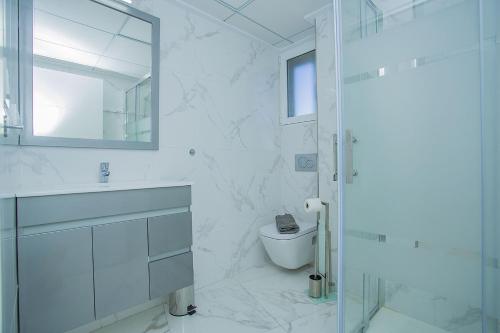 プレヤス・デ・オリフエラにある237 Relax Sol Naciente Alicante Holidayの白いバスルーム(トイレ、鏡付)