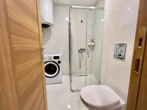 a bathroom with a toilet and a shower at Mima Apartment in Kolašin