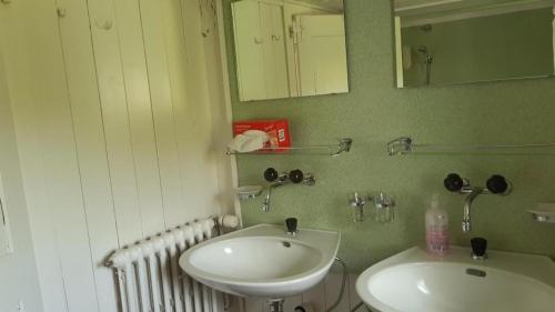 La salle de bains est pourvue d'un lavabo et d'un miroir. dans l'établissement Gast- & Ferienhaus Frohheim, à Sankt Peterzell