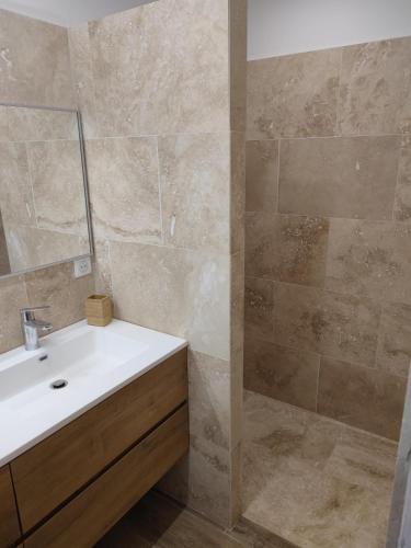 une salle de bain avec un lavabo blanc et un miroir dans l'établissement Villa La Treille, à Saint-Maximin-la-Sainte-Baume