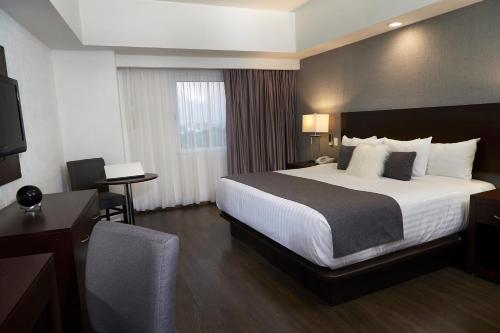 a hotel room with a large bed and a desk at Ejecutivo Express Guadalajara Providencia - Av México in Guadalajara