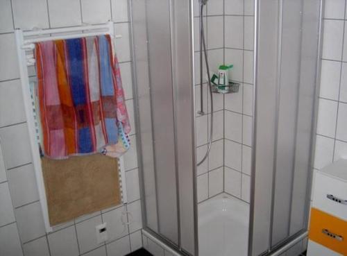 ein Bad mit Dusche und Duschvorhang in der Unterkunft Sunneggli in Aeschi bei Spiez
