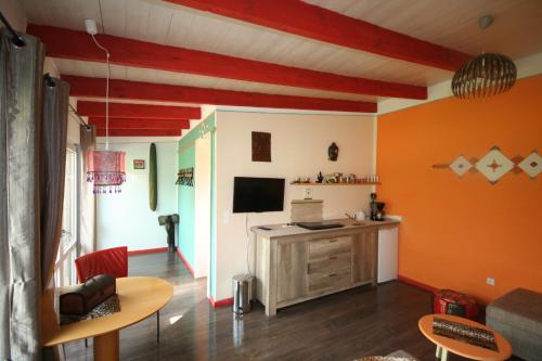 een woonkamer met oranje muren en een tv bij Cour De Berlin in Fürstenberg-Havel