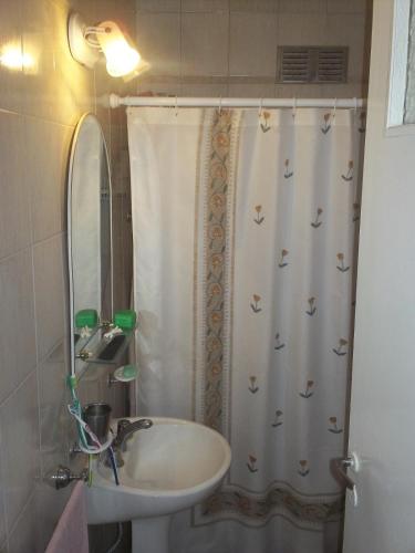 baño con lavabo y cortina de ducha con patos. en Mono ambiente miramar en Miramar