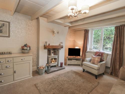 a living room with a chair and a fireplace at Laurel Cottage in Guisborough