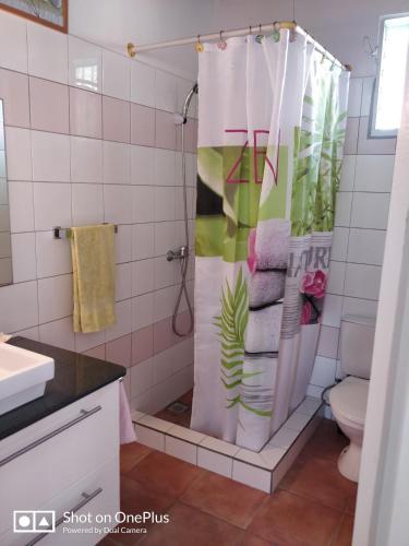 a bathroom with a shower curtain and a toilet at Cocooning sur mer Bungalow in Sainte-Anne