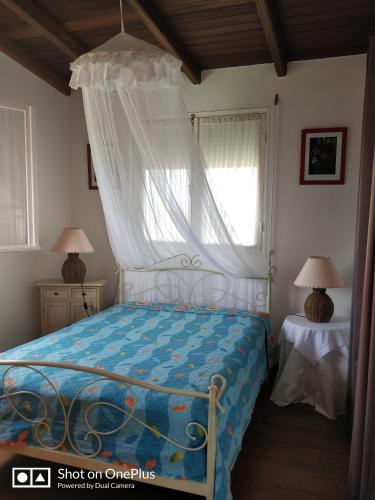 a bedroom with a bed with a canopy and a window at Cocooning sur mer Bungalow in Sainte-Anne