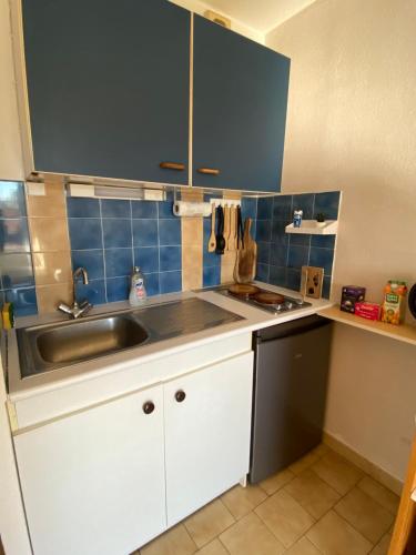 een keuken met een wastafel en blauwe tegels bij Camargue Village Sun and Beach #1 5 Personnes in Le Grau-du-Roi