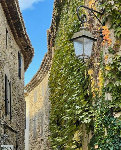 an ivycovered wall with a street light on a building at Made in Lourmarin in Lourmarin