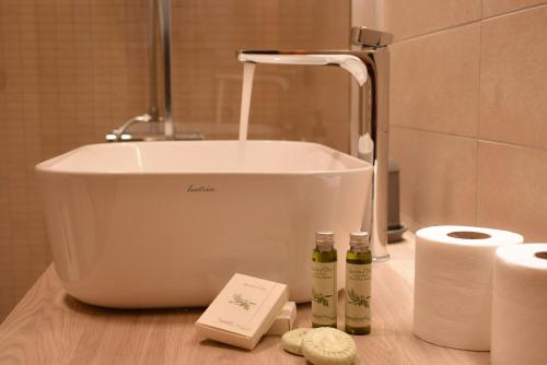 a bathroom with a sink and toiletries on a counter at Padova Business Luxury Terrace in Padova