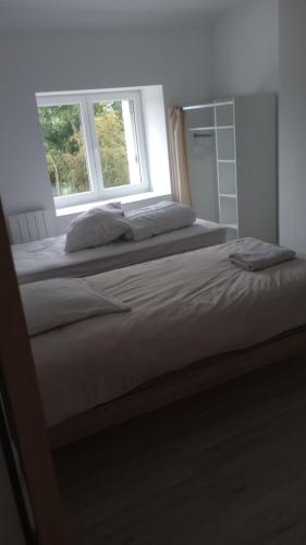 une chambre avec deux lits et une fenêtre dans l'établissement Logement avec tranquillité absolue, à Hamel ès Ronches