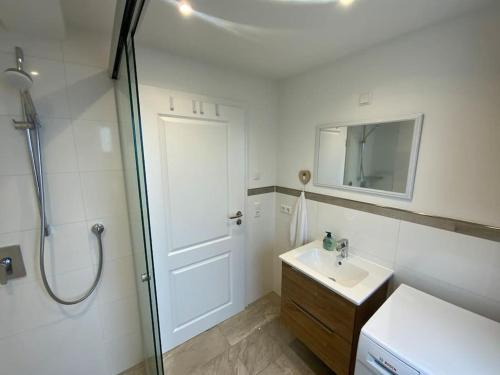 ein Bad mit einer Dusche, einem Waschbecken und einem Spiegel in der Unterkunft Ferienwohnung Weitblick in Ravensburg