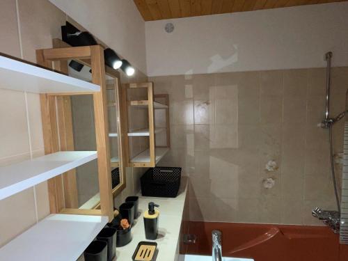 une salle de bain avec une douche, un lavabo et une baignoire dans l'établissement Duplex lumineux avec mezzanine, proche pistes et centre, balcon sud, garage inclus - FR-1-464-194, à Pralognan-la-Vanoise
