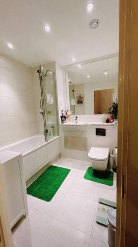 a bathroom with a shower and a toilet and green mats at Modern One Bedroom Luxury Apartment in Colindale