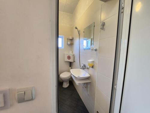 a white bathroom with a toilet and a sink at Villa "Old Station" in Vetren Dol