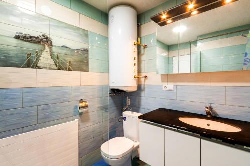 ein Bad mit einem WC und einem Waschbecken in der Unterkunft Mónika Apartman in Remetea