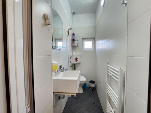 La salle de bains blanche est pourvue d'un lavabo et d'un miroir. dans l'établissement Villa "Old Station", à Vetren Dol